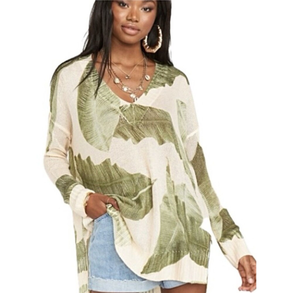 Show Me Your MuMu Queen Palms Knit Sweater Size XL V-Neck Long Sleeve Leaf Print